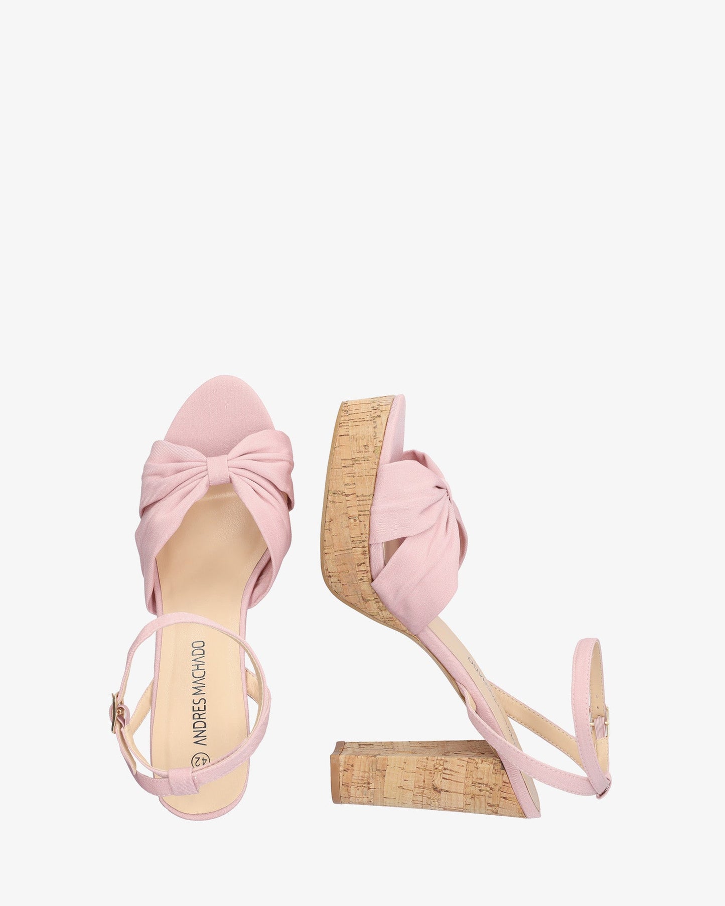 Pink fabric sandal with cork-effect heel