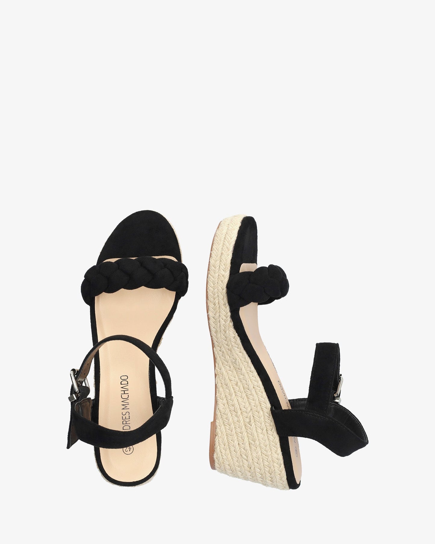 Black faux suede sandal with jute wedge