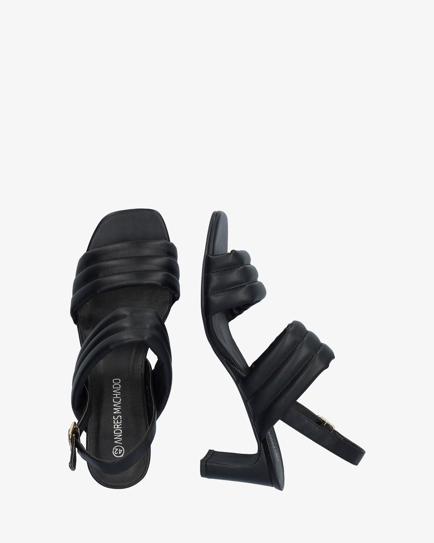 Soft black sandal with a semi-square heel