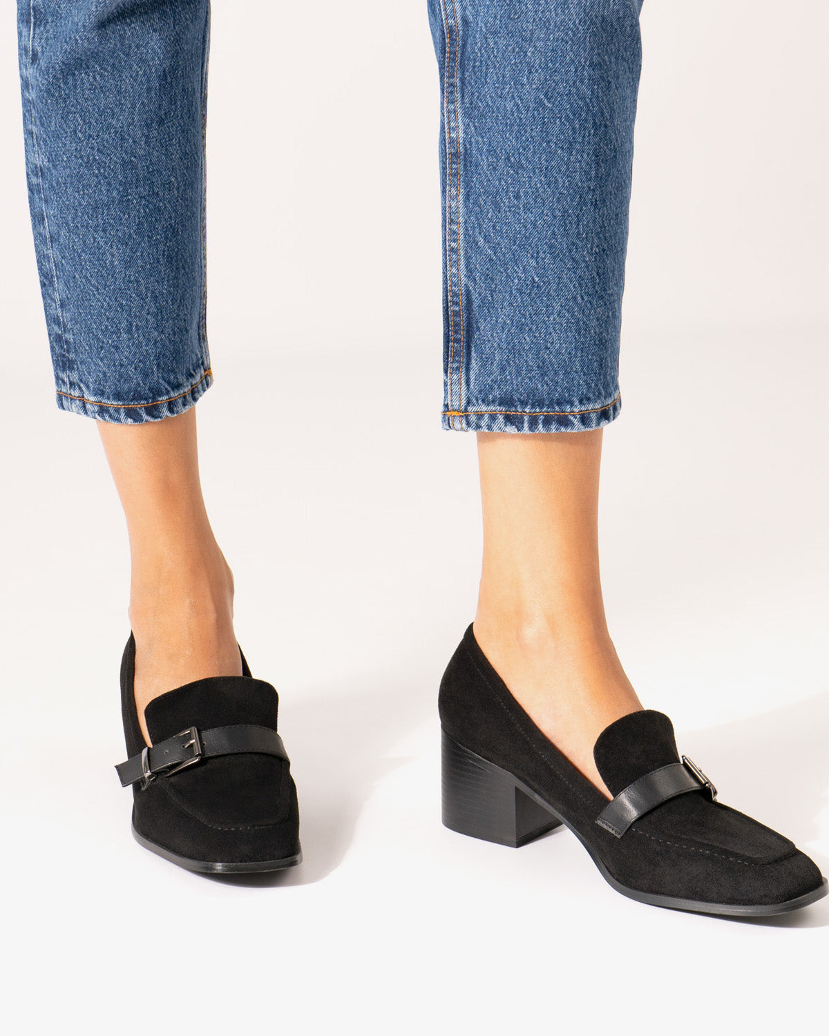 Black faux suede heeled loafer