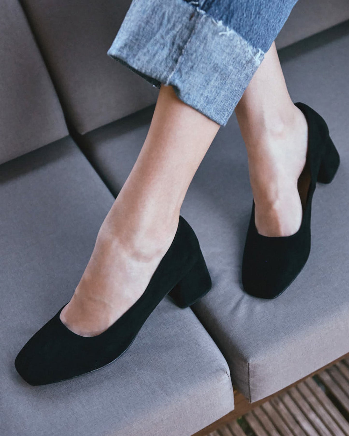 Black faux suede pump with heel
