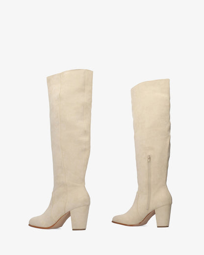 Cream faux suede heeled boot