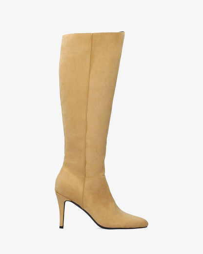 Beige faux suede high heeled boot