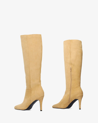 Beige faux suede high heeled boot