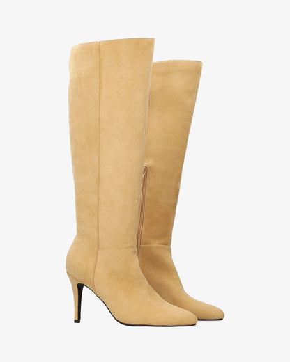 Beige faux suede high heeled boot