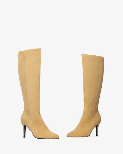 Beige faux suede high heeled boot