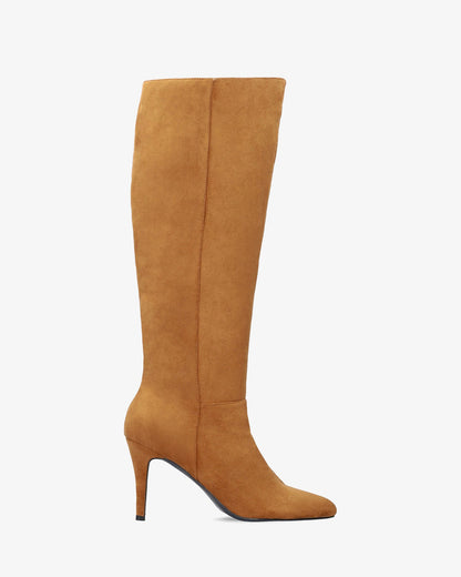 Brown faux suede high heeled boot