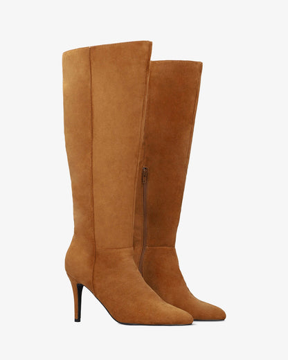 Brown faux suede high heeled boot