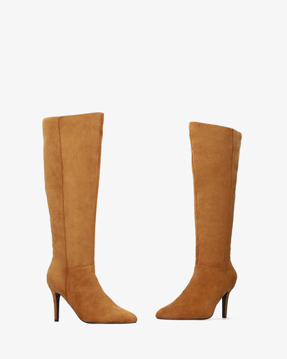 Brown faux suede high heeled boot