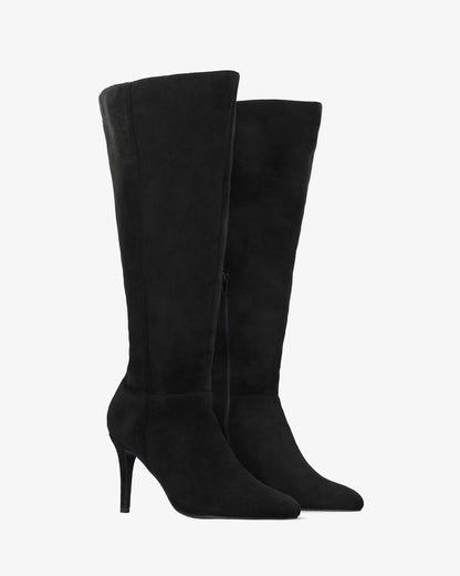 High-heeled boot in black faux suede