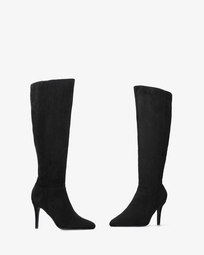 High-heeled boot in black faux suede
