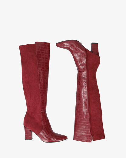 Bota alta combinada en burdeos