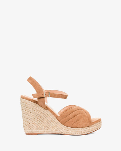 Camel-colored faux suede espadrilles with jute wedge