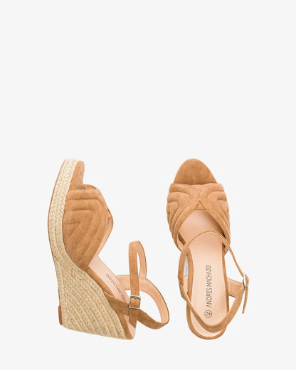 Camel-colored faux suede espadrilles with jute wedge