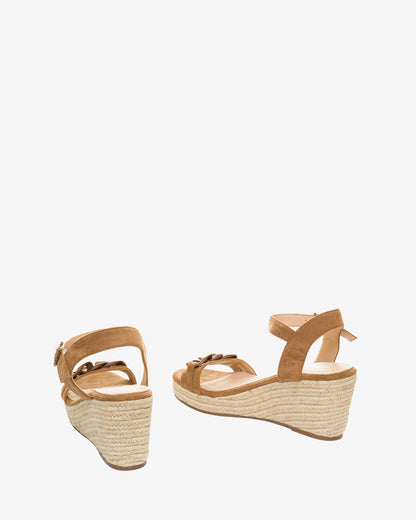 Camel-colored faux suede espadrilles with jute wedge