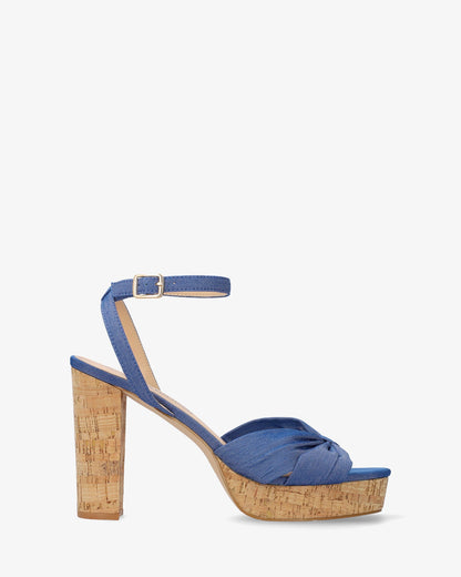 Blue fabric sandal with cork-effect heel