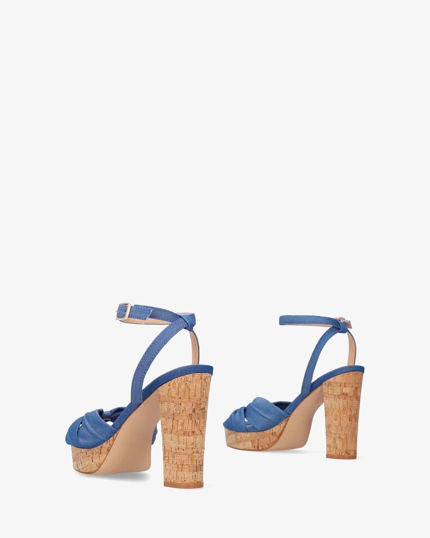 Blue fabric sandal with cork-effect heel