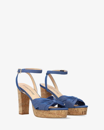 Blue fabric sandal with cork-effect heel