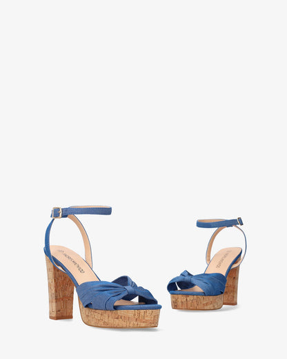 Blue fabric sandal with cork-effect heel