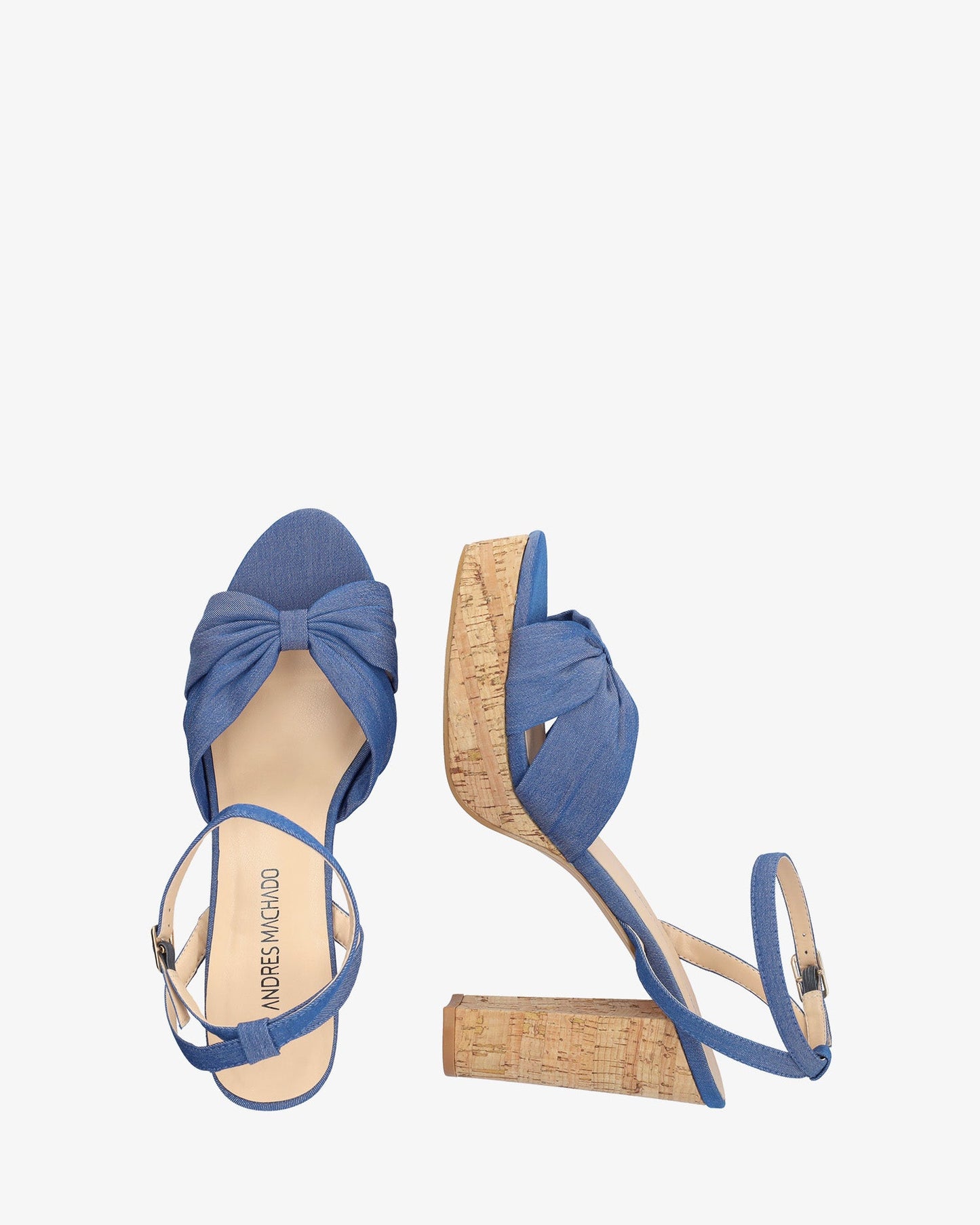 Blue fabric sandal with cork-effect heel