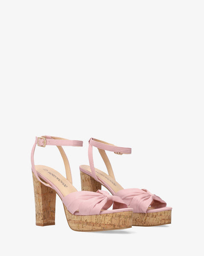 Pink fabric sandal with cork-effect heel