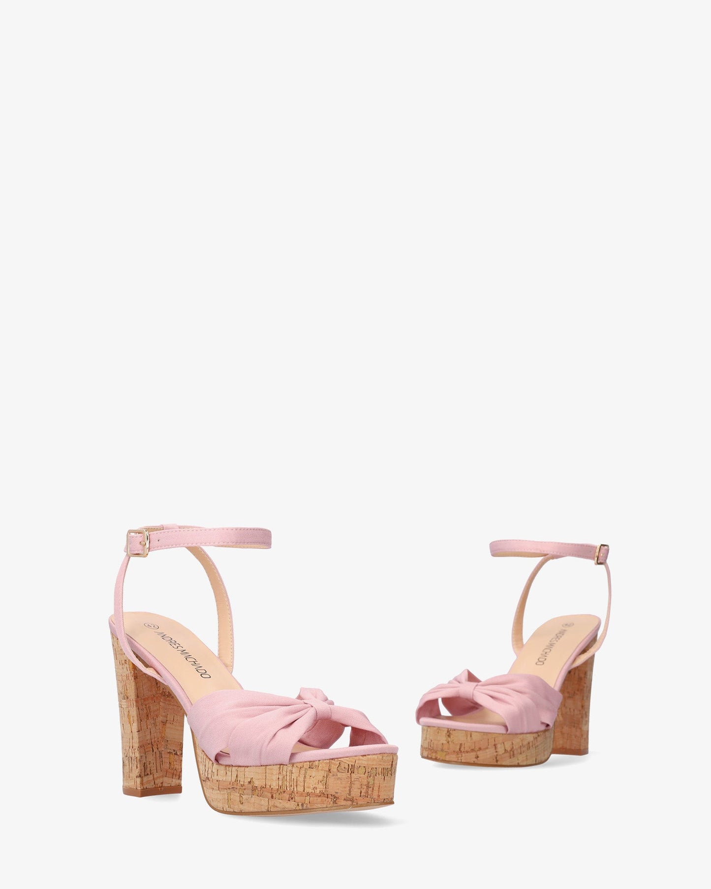Pink fabric sandal with cork-effect heel
