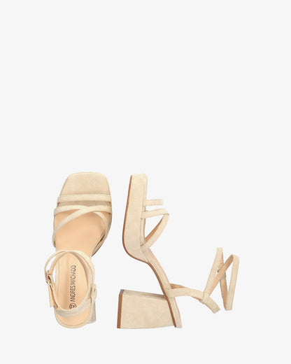 Beige faux suede sandal with square heel