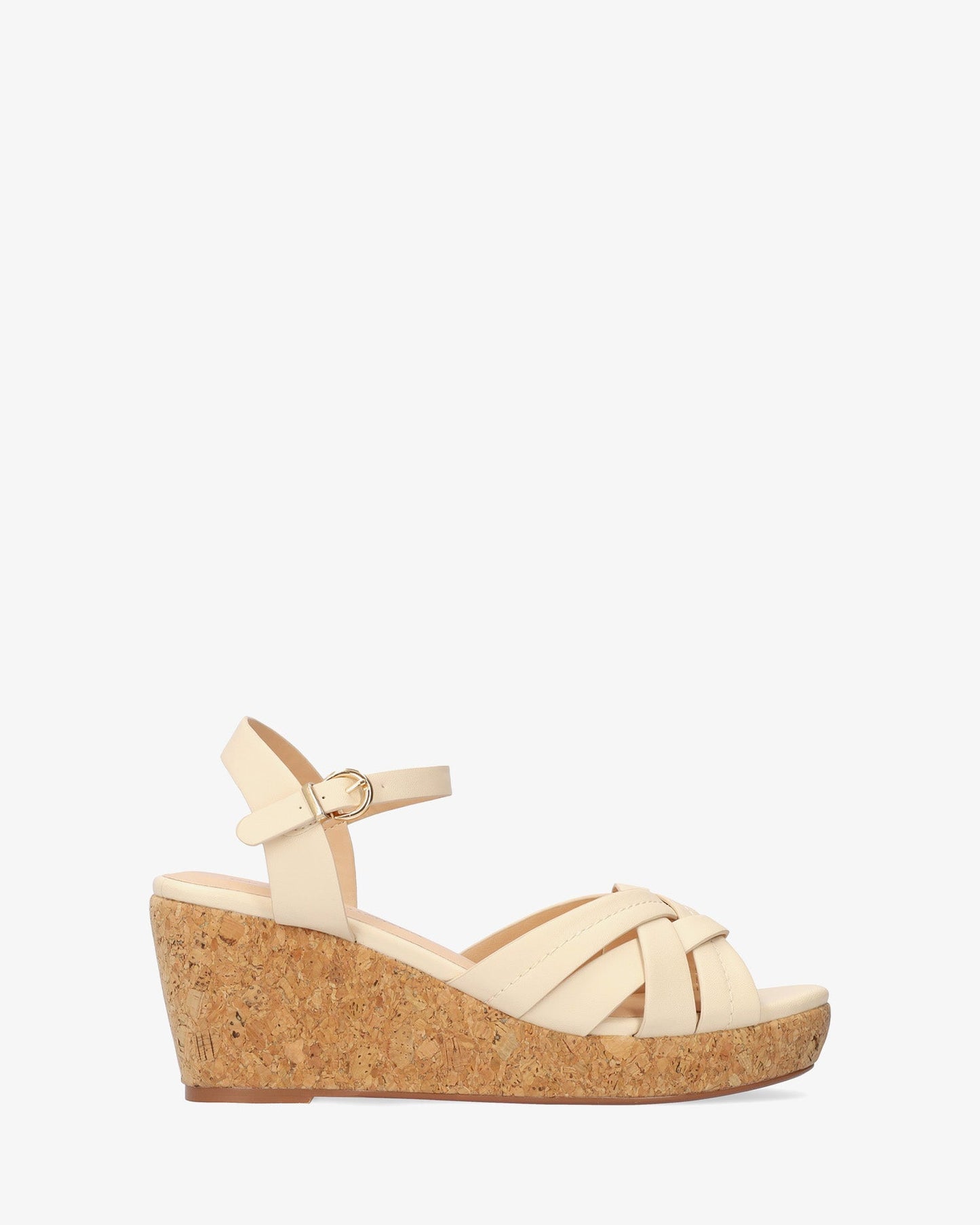 Soft beige sandal with wood-effect wedge