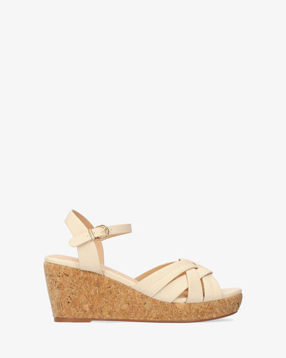 Soft beige sandal with wood-effect wedge