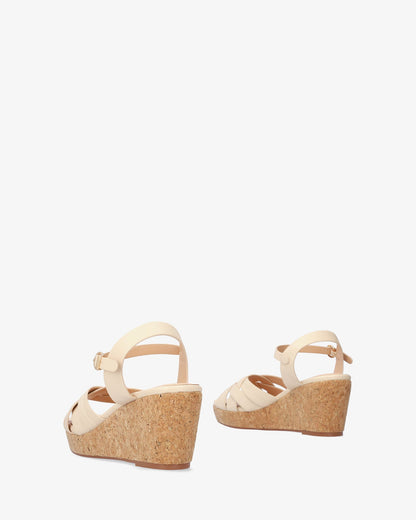 Soft beige sandal with wood-effect wedge