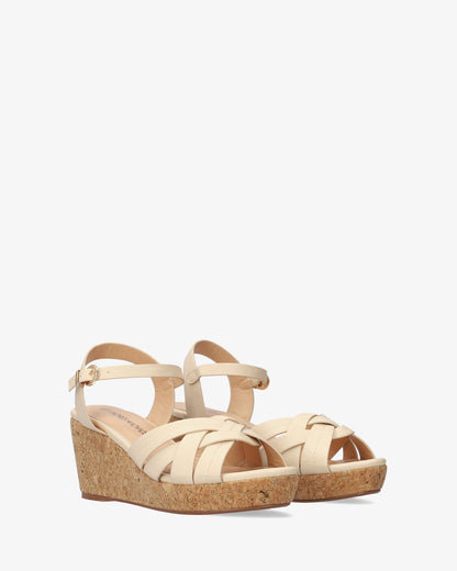 Soft beige sandal with wood-effect wedge