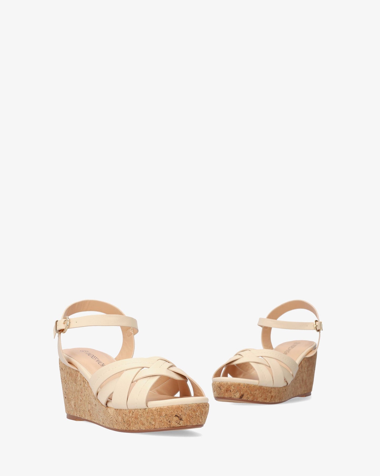 Soft beige sandal with wood-effect wedge