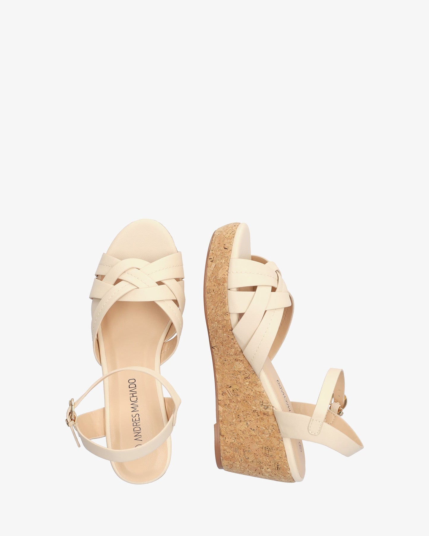 Soft beige sandal with wood-effect wedge