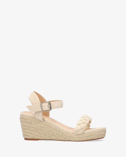 Beige faux suede sandal with jute wedge
