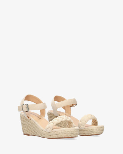 Beige faux suede sandal with jute wedge
