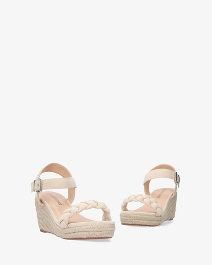 Beige faux suede sandal with jute wedge