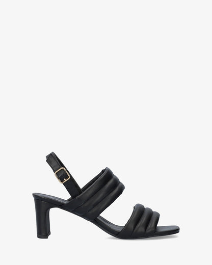 Soft black sandal with a semi-square heel