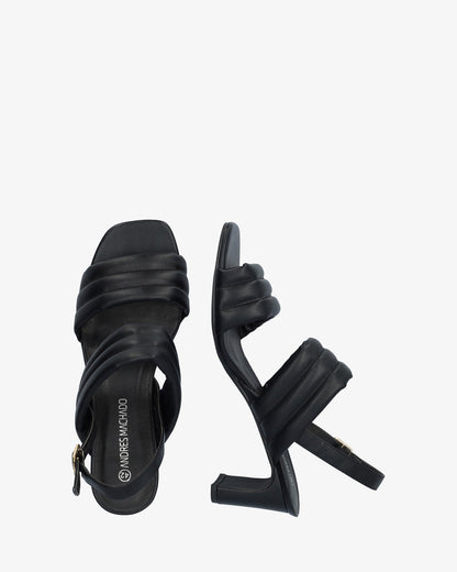 Soft black sandal with a semi-square heel