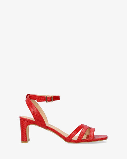 Red soft snake sandal with semi-square heel