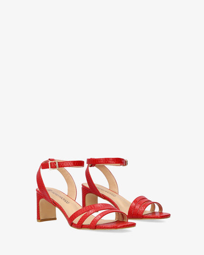 Red soft snake sandal with semi-square heel