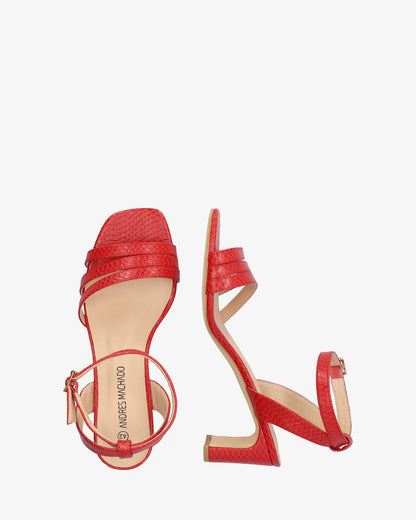 Red soft snake sandal with semi-square heel