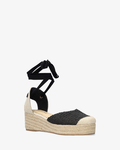 Black fabric sandal with jute wedge