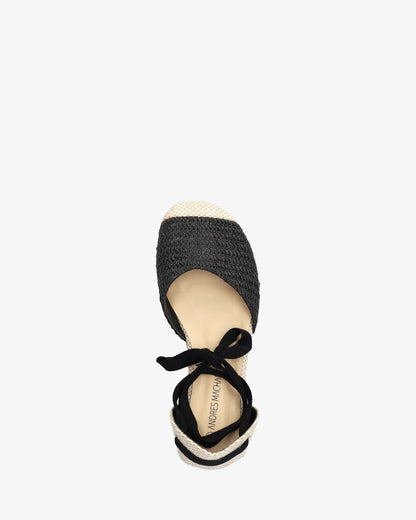 Black fabric sandal with jute wedge