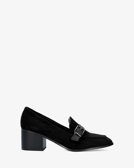 Black faux suede heeled loafer