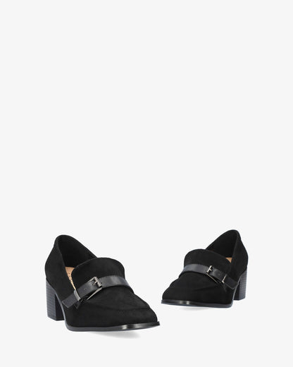 Black faux suede heeled loafer