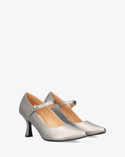 Mary Jane shoes with kitten heel in soft antique silver