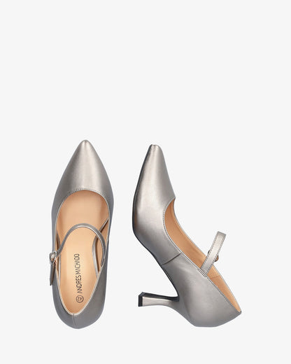 Mary Jane shoes with kitten heel in soft antique silver