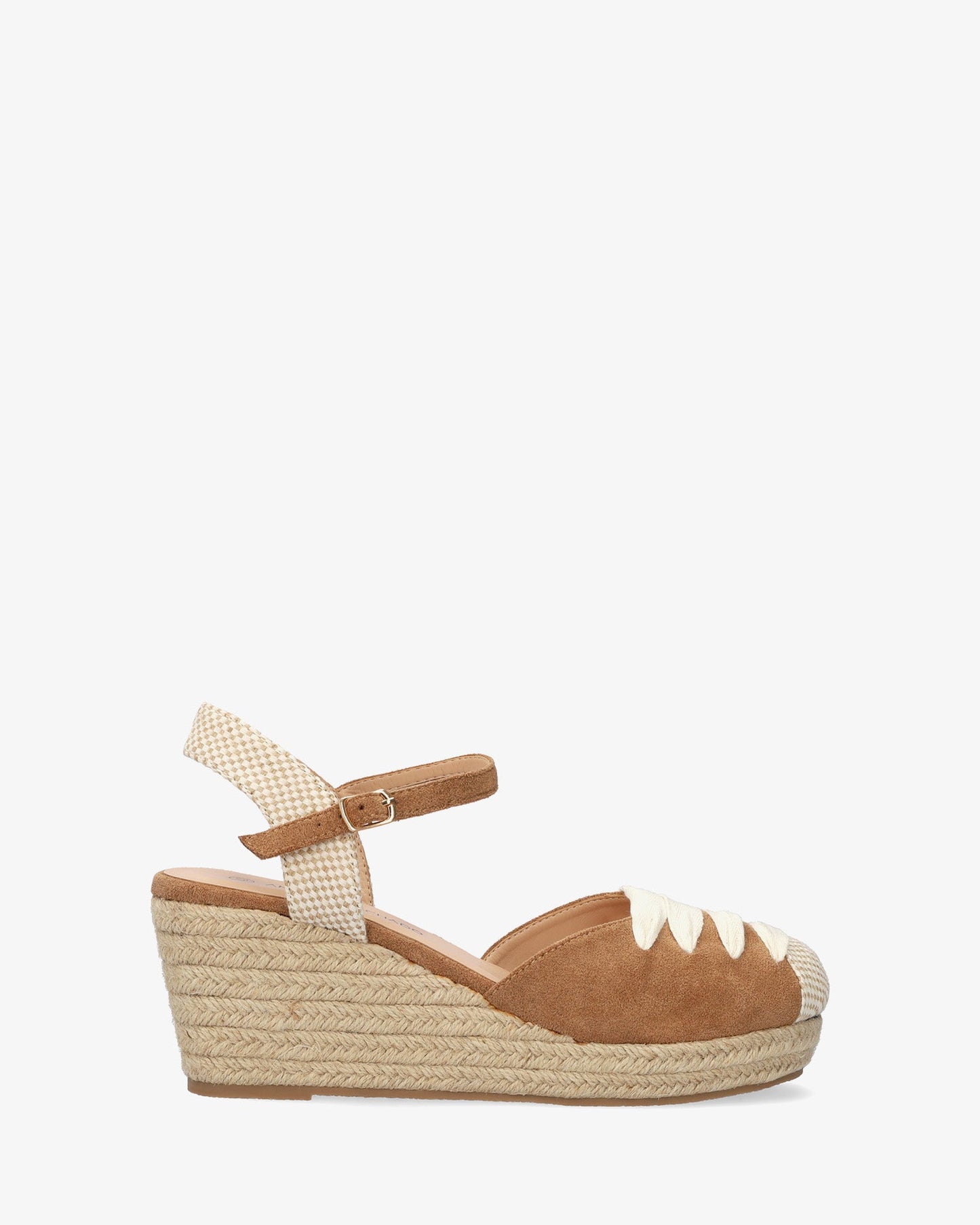 Camel-colored faux suede sandal with jute wedge
