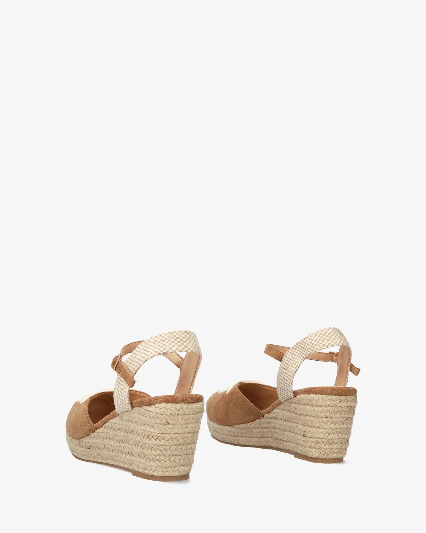 Camel-colored faux suede sandal with jute wedge