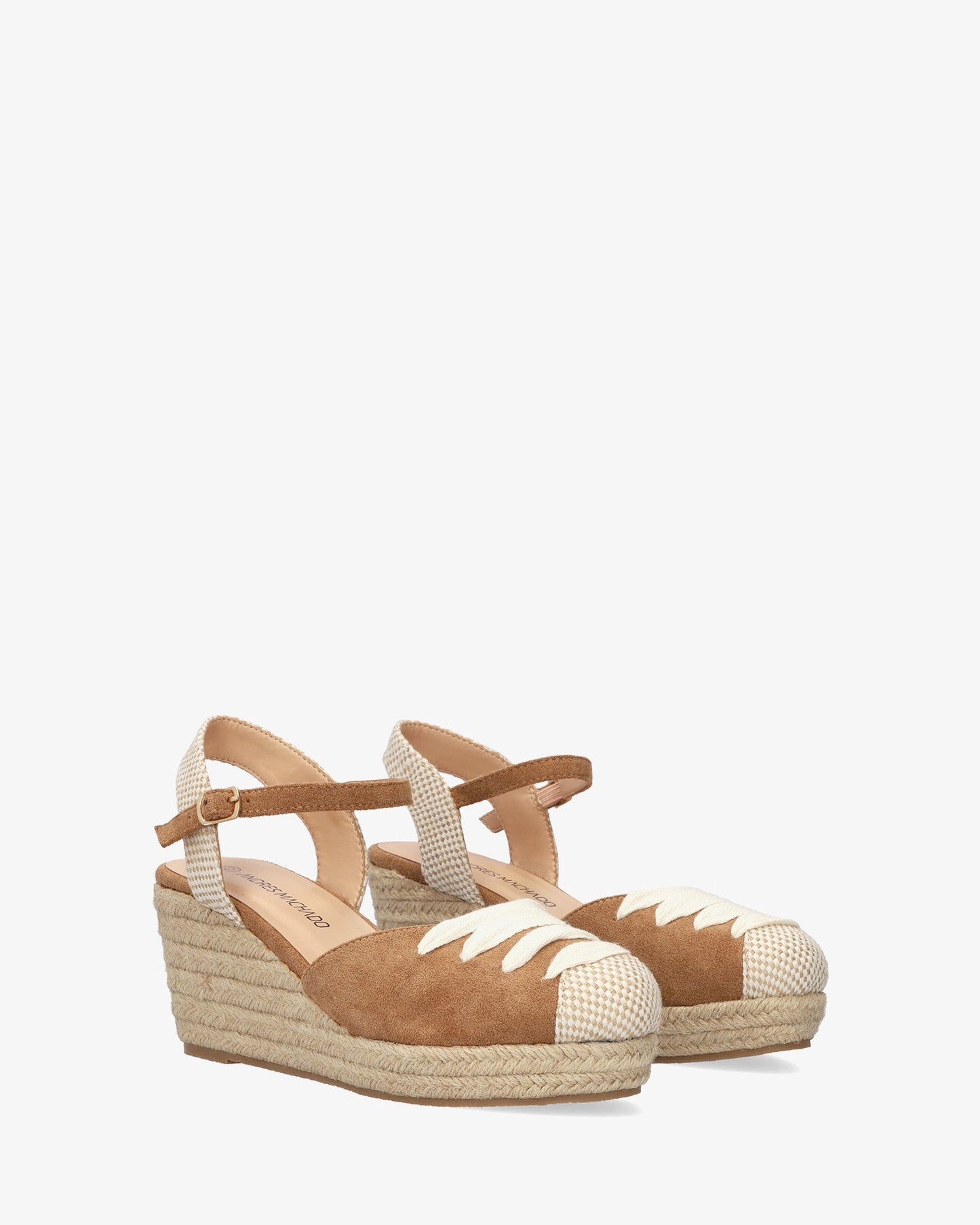 Camel-colored faux suede sandal with jute wedge